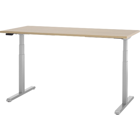 Beige bureau met verstelbaar, zilverkleurig frame. Bediening links voor hoogteverstelling.