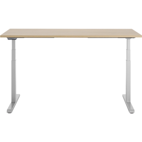 Een in hoogte verstelbaar bureau met een beige tafelblad en grijze poten. De poten zijn uitschuifbaar.