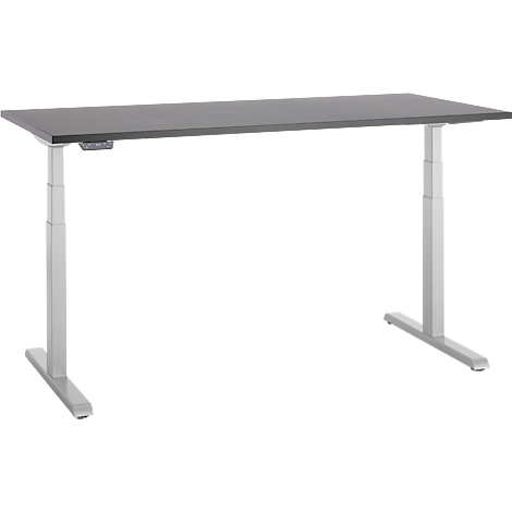 Grijs, in hoogte verstelbaar bureau op witte achtergrond.