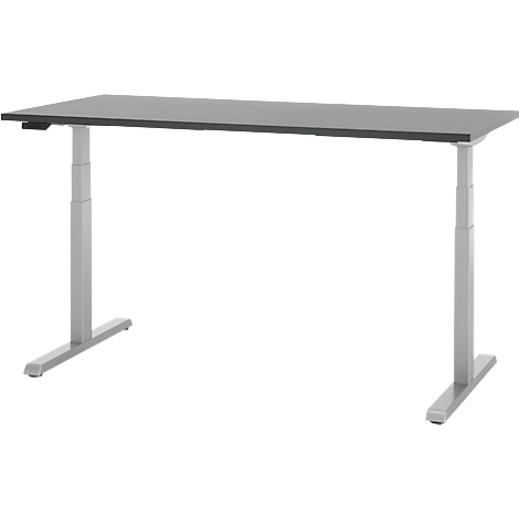 Grijs, in hoogte verstelbaar bureau tegen een witte achtergrond. Twee poten, een grijs tafelblad.