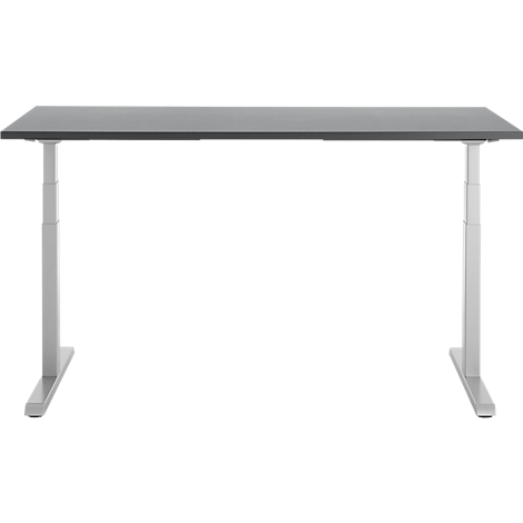 Grijze, in hoogte verstelbare bureau met twee witte poten.