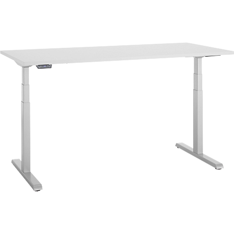 Een witte, in hoogte verstelbare bureau met twee grijze poten. Er is een bedieningspaneel aan de linkerbovenkant.