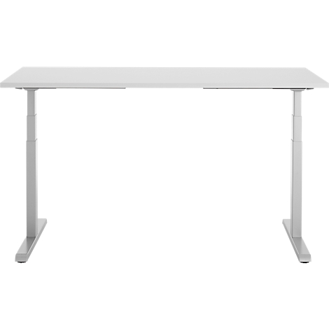 Witte, in hoogte verstelbare bureau met zilveren poten op een witte achtergrond.