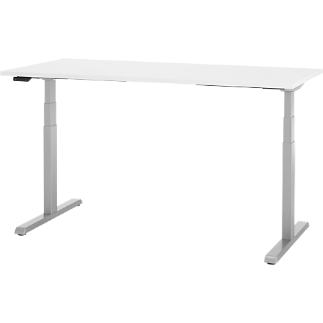 Een witte, in hoogte verstelbare bureau. Het heeft een rechthoekig ontwerp, twee grijze poten met rechthoekige bases en een zwarte bedieningseenheid.