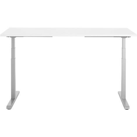 Witte, in hoogte verstelbare bureau met twee grijze poten en een rechthoekig tafelblad.