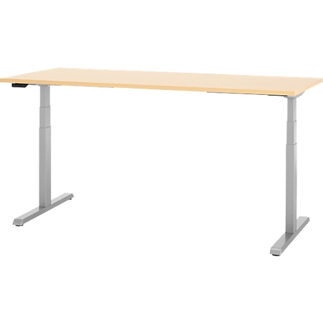 Beige in hoogte verstelbaar bureau met zilveren poten. Het tafelblad is rechthoekig en het frame heeft T-vormige poten.