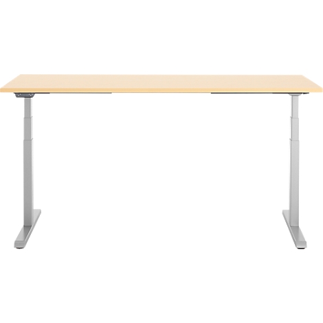 Lichtbruin rechthoekig bureau met zilverkleurige, in hoogte verstelbare poten. Vooraanzicht.