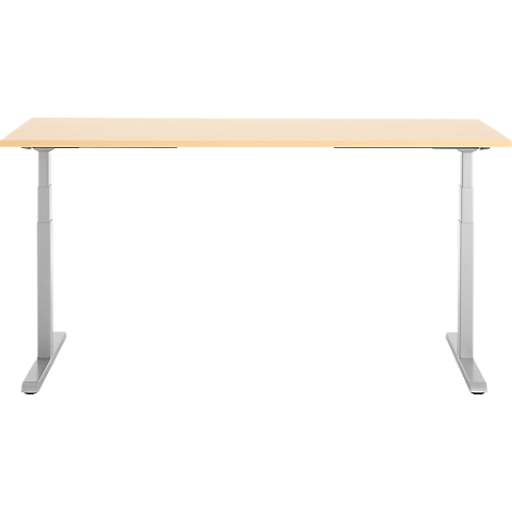 Bureau met in hoogte verstelbare grijze poten en een licht houten blad.