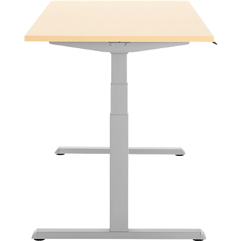 Statafel, lichtbruin tafelblad, grijs metalen frame. In hoogte verstelbaar.