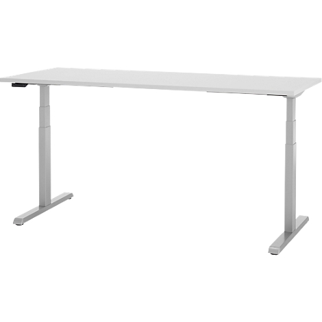 Lichtgrijze in hoogte verstelbare bureau. Het tafelblad is wit en de poten zijn zilver.