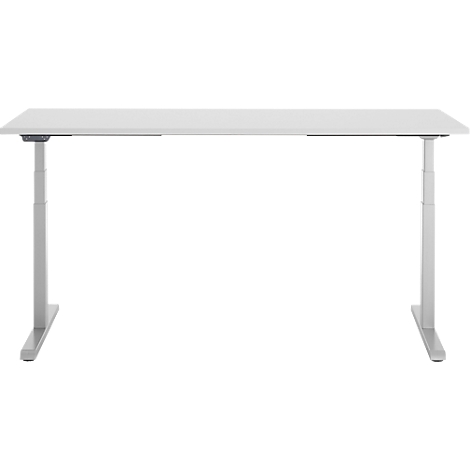 Witte in hoogte verstelbare bureau, minimalistisch design. Twee poten, rechthoekig tafelblad.