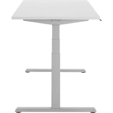 Een witte in hoogte verstelbare bureau met een vierkant tafelblad en lichtgrijs frame.