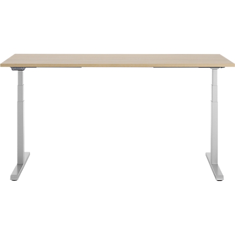 Een beige bureau met lichtgrijze in hoogte verstelbare poten. Het tafelblad is rechthoekig.
