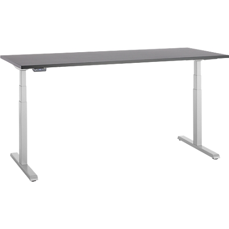 Een grijze, in hoogte verstelbare tafel met zilveren poten, tegen een witte achtergrond.