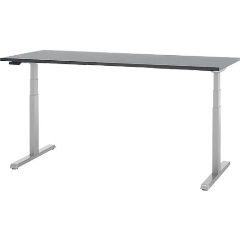 Een in hoogte verstelbaar bureau met een grijs tafelblad en zilveren poten. De bediening zit links.