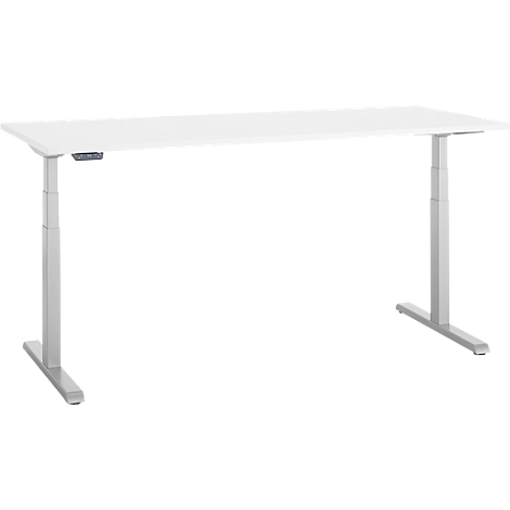Een witte, in hoogte verstelbare bureau met grijze poten, tegen een witte achtergrond.