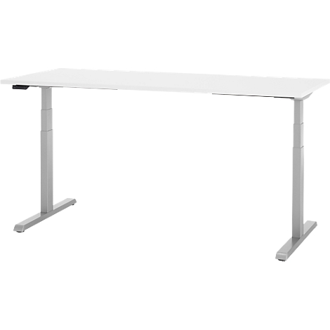 Een witte, in hoogte verstelbare bureau met grijze poten. Het tafelblad is rechthoekig, de poten zijn vierkant.