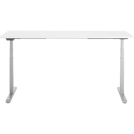 Witte bureau op een witte achtergrond. Het frame is zilverkleurig en in hoogte verstelbaar.