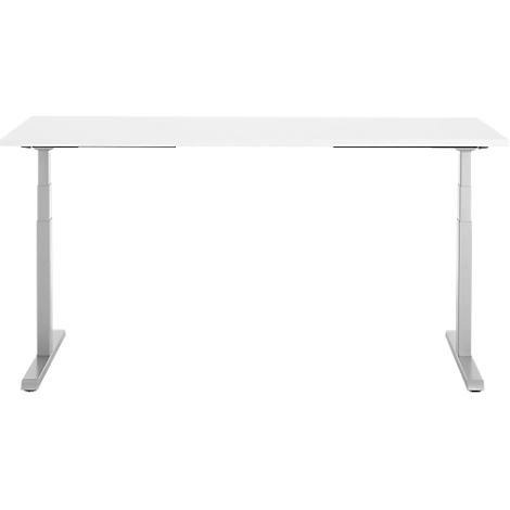 Witte in hoogte verstelbare hoekbureau, op grijs frame.