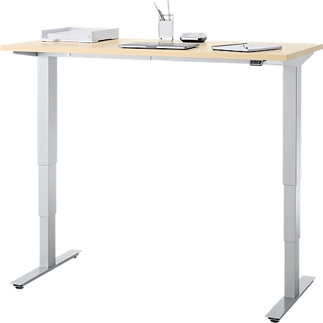 Bureau, elektrisch in hoogte verstelbaar, T-poot zonder dwarsbalk, B 1300 x D 650 x H 605-1265 mm, ahorn/zilver