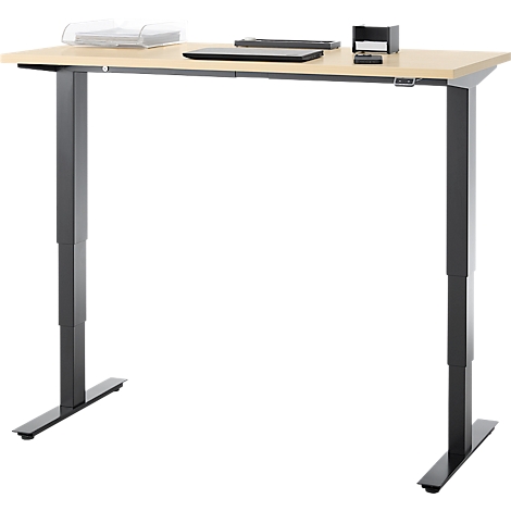 Bureau, elektrisch in hoogte verstelbaar, T-poot zonder dwarsbalk, B 1300 x D 650 x H 605-1265 mm, ahorn/zwart