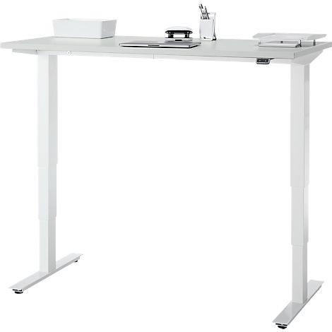 Bureau, elektrisch in hoogte verstelbaar, T-poot zonder dwarsbalk, B 1300 x D 650 x H 605-1265 mm, lichtgrijs/wit