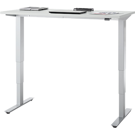 Bureau, elektrisch in hoogte verstelbaar, T-poot zonder dwarsbalk, B 1300 x D 650 x H 605-1265 mm, lichtgrijs/zilver