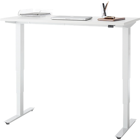 Bureau, elektrisch in hoogte verstelbaar, T-poot zonder dwarsbalk, B 1300 x D 650 x H 605-1265 mm, wit/wit