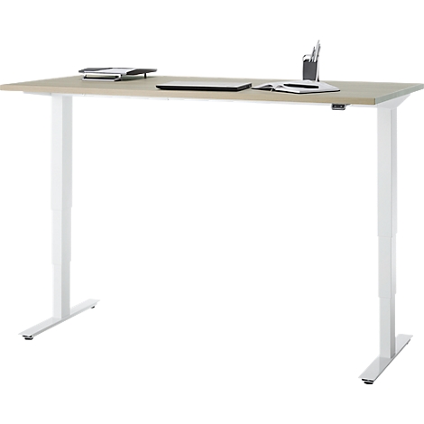 Bureau, elektrisch in hoogte verstelbaar, T-poot zonder dwarsbalk, B 1600 x D 800 x H 605-1265 mm, eiken/wit