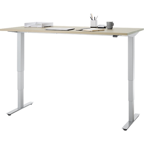 Bureau, elektrisch in hoogte verstelbaar, T-poot zonder dwarsbalk, B 1600 x D 800 x H 605-1265 mm, eiken/zilver