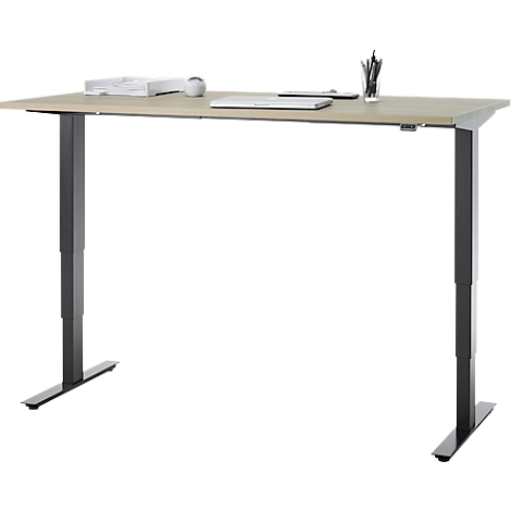 Bureau, elektrisch in hoogte verstelbaar, T-poot zonder dwarsbalk, B 1600 x D 800 x H 605-1265 mm, eiken/zwart