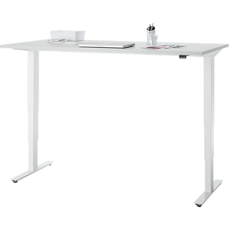 Bureau, elektrisch in hoogte verstelbaar, T-poot zonder dwarsbalk, B 1600 x D 800 x H 605-1265 mm, lichtgrijs/wit
