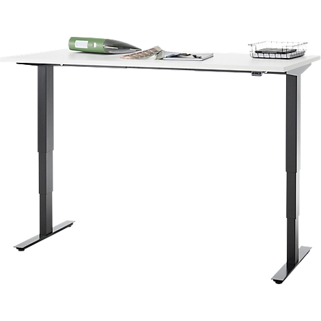 Bureau, elektrisch in hoogte verstelbaar, T-poot zonder dwarsbalk, B 1600 x D 800 x H 605-1265 mm, wit/zwart