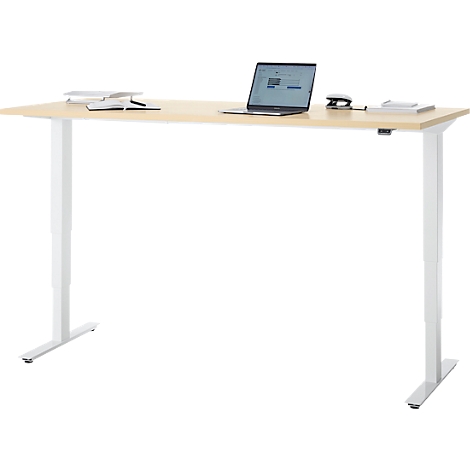 Bureau, elektrisch in hoogte verstelbaar, T-poot zonder dwarsbalk, B 1800 x D 800 x H 605-1265 mm, ahorn/wit