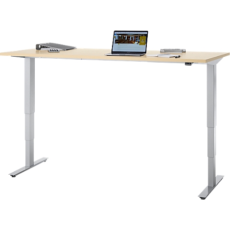 Bureau, elektrisch in hoogte verstelbaar, T-poot zonder dwarsbalk, B 1800 x D 800 x H 605-1265 mm, ahorn/zilver