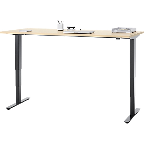 Bureau, elektrisch in hoogte verstelbaar, T-poot zonder dwarsbalk, B 1800 x D 800 x H 605-1265 mm, ahorn/zwart