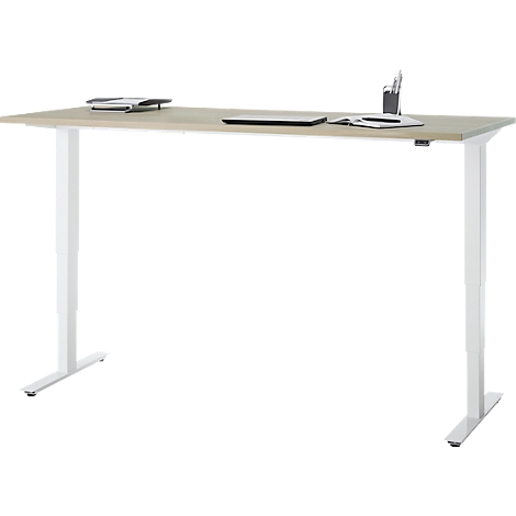Bureau, elektrisch in hoogte verstelbaar, T-poot zonder dwarsbalk, B 1800 x D 800 x H 605-1265 mm, eiken/wit