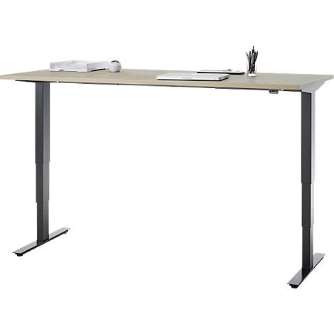 Bureau, elektrisch in hoogte verstelbaar, T-poot zonder dwarsbalk, B 1800 x D 800 x H 605-1265 mm, eiken/zwart