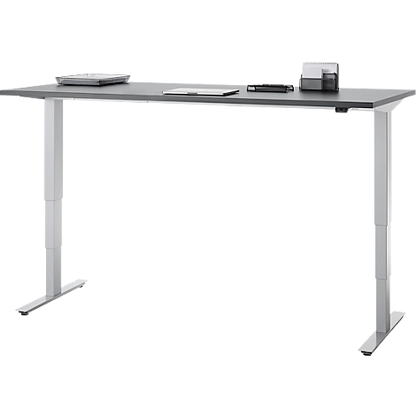 Bureau, elektrisch in hoogte verstelbaar, T-poot zonder dwarsbalk, B 1800 x D 800 x H 605-1265 mm, grafiet/zilver