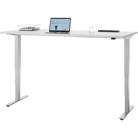 Bureau, elektrisch in hoogte verstelbaar, T-poot zonder dwarsbalk, B 1800 x D 800 x H 605-1265 mm, lichtgrijs/zilver