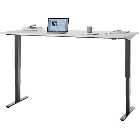 Bureau, elektrisch in hoogte verstelbaar, T-poot zonder dwarsbalk, B 1800 x D 800 x H 605-1265 mm, lichtgrijs/zwart