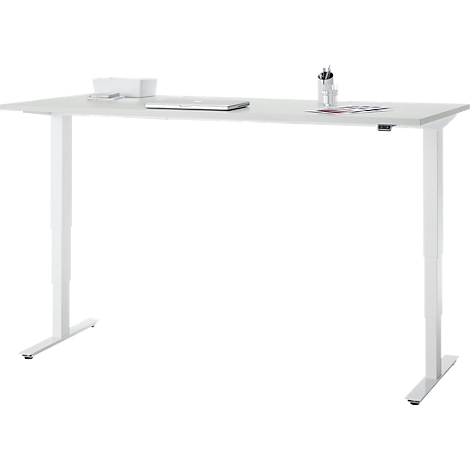 Bureau, elektrisch in hoogte verstelbaar, T-poot zonder traverse, B 1800 x D 800 x H 605-1265 mm, lichtgrijs/wit