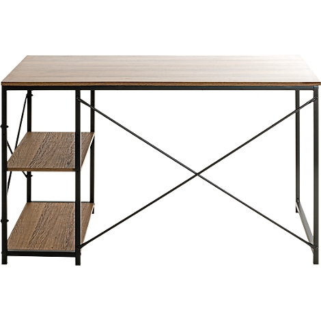 Bureau avec plateau en bois et pieds en métal noir. Deux étagères sont intégrées sur un côté.