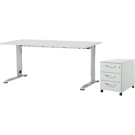 Bureau blanc avec pieds argentés et caisson mobile.