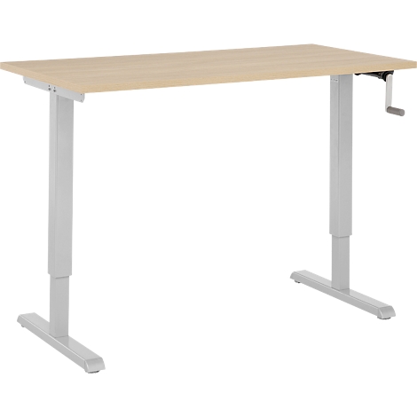 Un bureau réglable en hauteur avec un plateau en bois clair et un cadre blanc. Il y a une manivelle sur le côté pour le réglage de la hauteur.