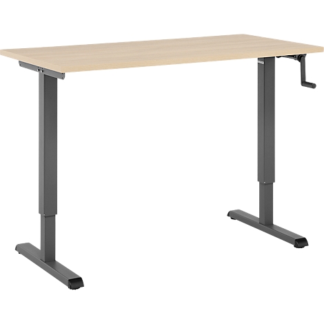 Bureau réglable en hauteur, plateau de table brun clair, pieds gris, manivelle pour le réglage en hauteur.