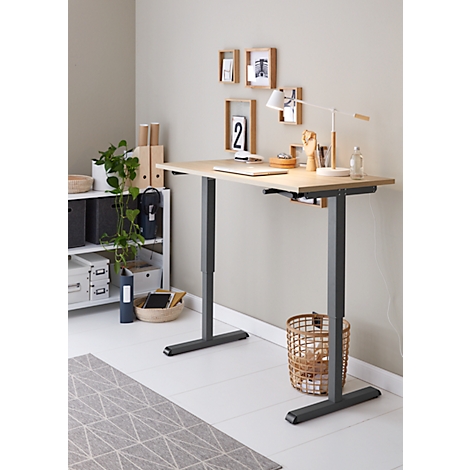 Bureau réglable en hauteur de couleur claire avec lampe et décoration. Plantes, étagères et tapis complètent l'environnement de travail.
