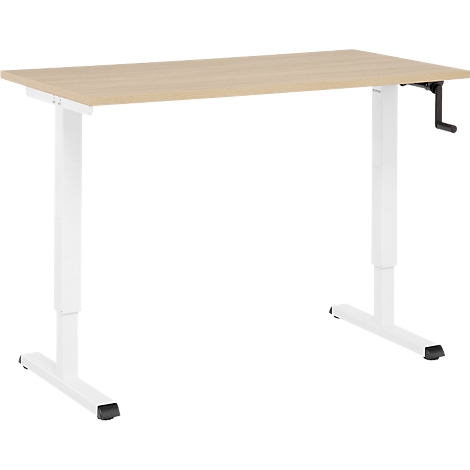 Bureau réglable en hauteur avec plateau en bois clair et cadre blanc. Une manivelle est sur le côté.
