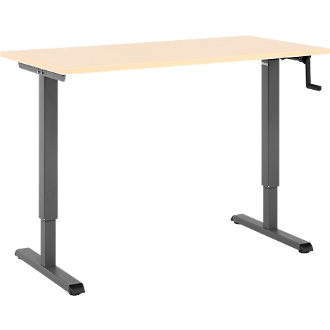 Bureau réglable en hauteur avec un plateau en bois clair et un cadre gris. Une manivelle pour le réglage en hauteur est à droite.