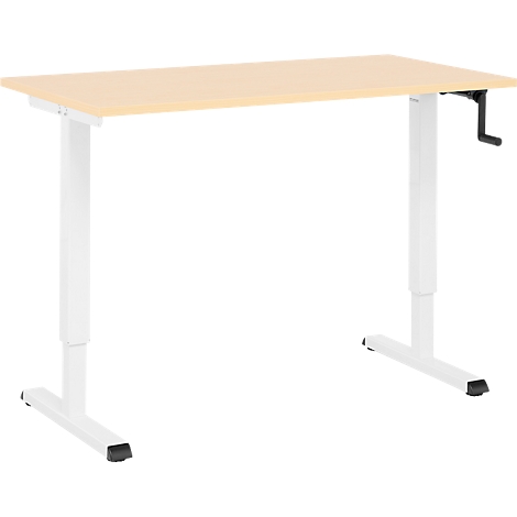 Un bureau réglable en hauteur avec un ton de bois clair, des pieds blancs et une manivelle pour le réglage en hauteur.